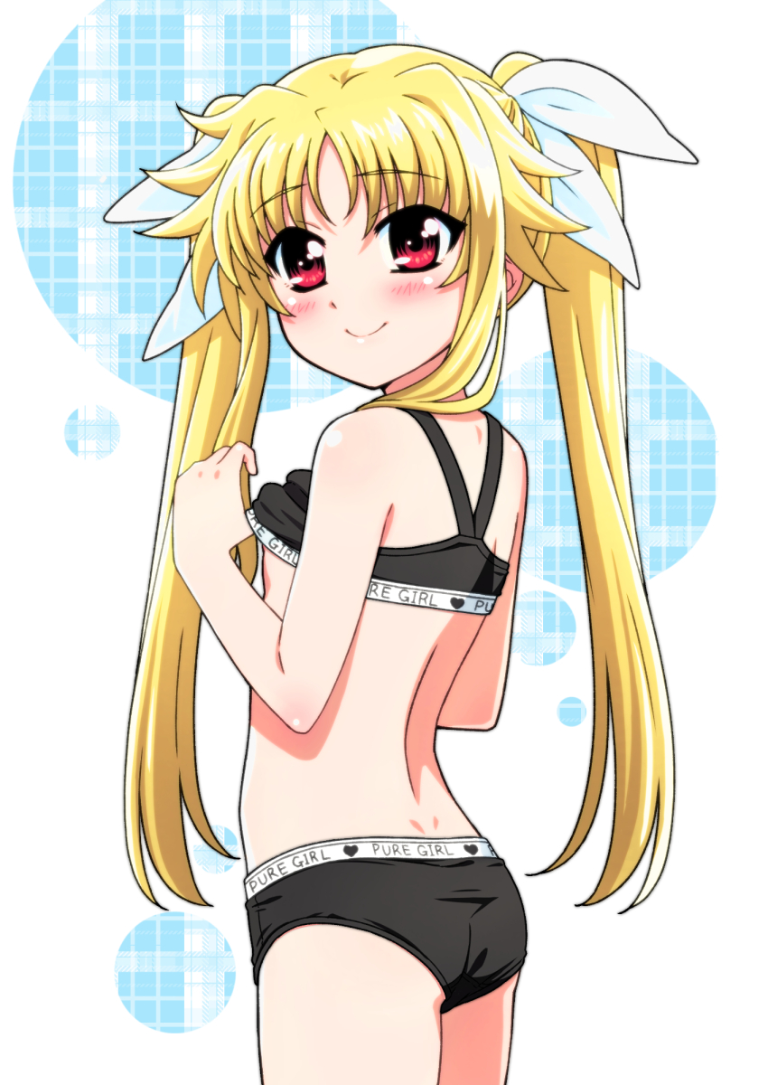 1girl ass black_bra black_panties blonde_hair blush bra breasts closed_mouth fate_testarossa hair_ribbon highres long_hair looking_at_viewer lyrical_nanoha mahou_shoujo_lyrical_nanoha mahou_shoujo_lyrical_nanoha_a&#039;s miyajima_hitoshi nipple_slip nipples panties red_eyes ribbon shiny_skin simple_background small_breasts smile solo twintails underwear underwear_only white_background