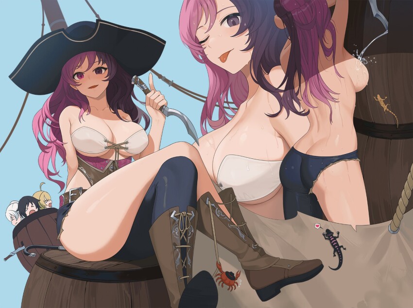 4girls :d ;p arms_up ass asymmetrical_clothes back bare_shoulders barrel belt belt_buckle bikini black_hat black_pants boots breasts brown_eyes brown_footwear brown_hair buckle butt_crack chibi chibi_inset cleavage closed_mouth collarbone corset crab crossed_legs hat heterochromia highres holding holding_weapon index_finger_raised knee_boots lace-up_boots large_breasts long_hair looking_at_viewer multicolored_hair multiple_girls multiple_views neopolitan_(rwby) one_eye_closed open_mouth pants pink_eyes pink_hair pirate_hat ruby_rose rwby salamander shotel sideboob single_pantsleg sitting smile sweat swimsuit sword tongue tongue_out topless_female two-tone_hair untied_shoelaces wangxiii water weapon weiss_schnee white_bikini yang_xiao_long