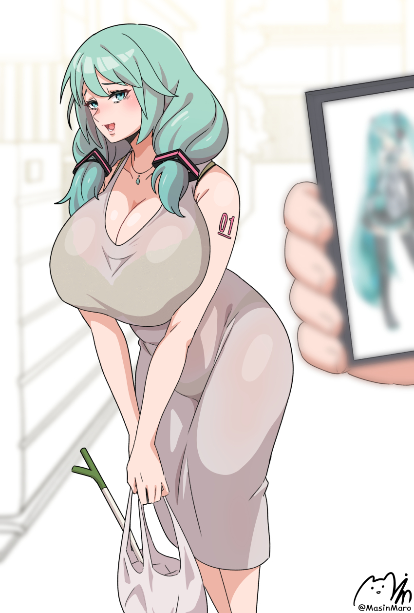 1girl 1other absurdres aged_up aqua_hair arm_tattoo artist_name bag blurry blurry_foreground breasts brown_dress cellphone cleavage commentary cowboy_shot dress english_commentary grocery_bag hair_over_shoulder half-closed_eyes hatsune_miku highres holding holding_phone huge_breasts indoors jewelry long_hair looking_at_viewer low-tied_long_hair low_twintails majinmallow mature_female necklace phone plastic_bag pov shopping_bag smartphone solo_focus spring_onion tattoo twintails vocaloid