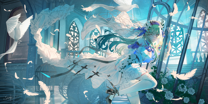 1girl architecture arm_at_side ascot bird birdcage black_footwear blonde_hair blue_ascot cage church commentary_request dove dress feathers flower foot_out_of_frame gothic_architecture green_eyes high_heels highres indoors layered_dress long_hair long_sleeves looking_at_viewer original rose running saraki smile solo thighhighs veil wedding_dress white_bird white_dress white_thighhighs