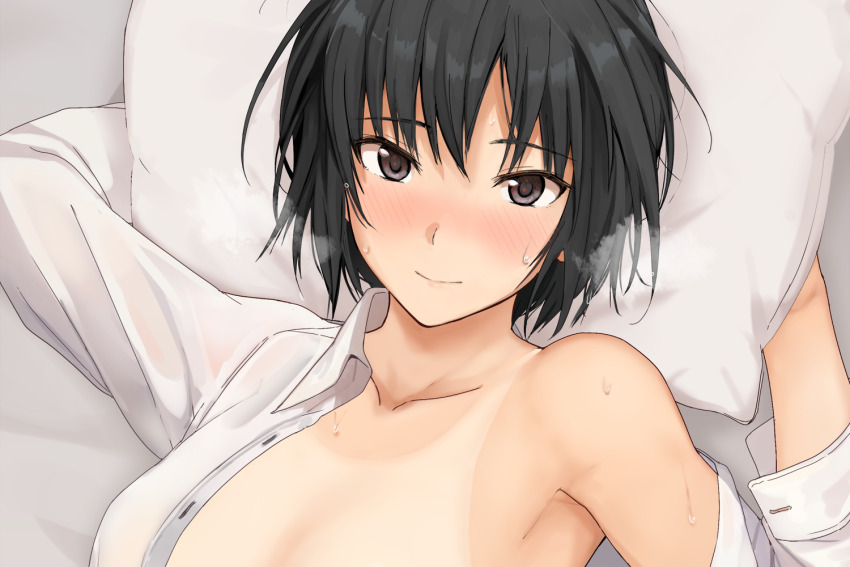 1girl amagami arm_behind_head armpits black_hair blush brown_eyes looking_at_another lying mobu nanasaki_ai no_bra nose_blush off_shoulder on_back open_clothes out-of-frame_censoring pillow pov shirt short_hair solo sweat tan tanline upper_body white_shirt