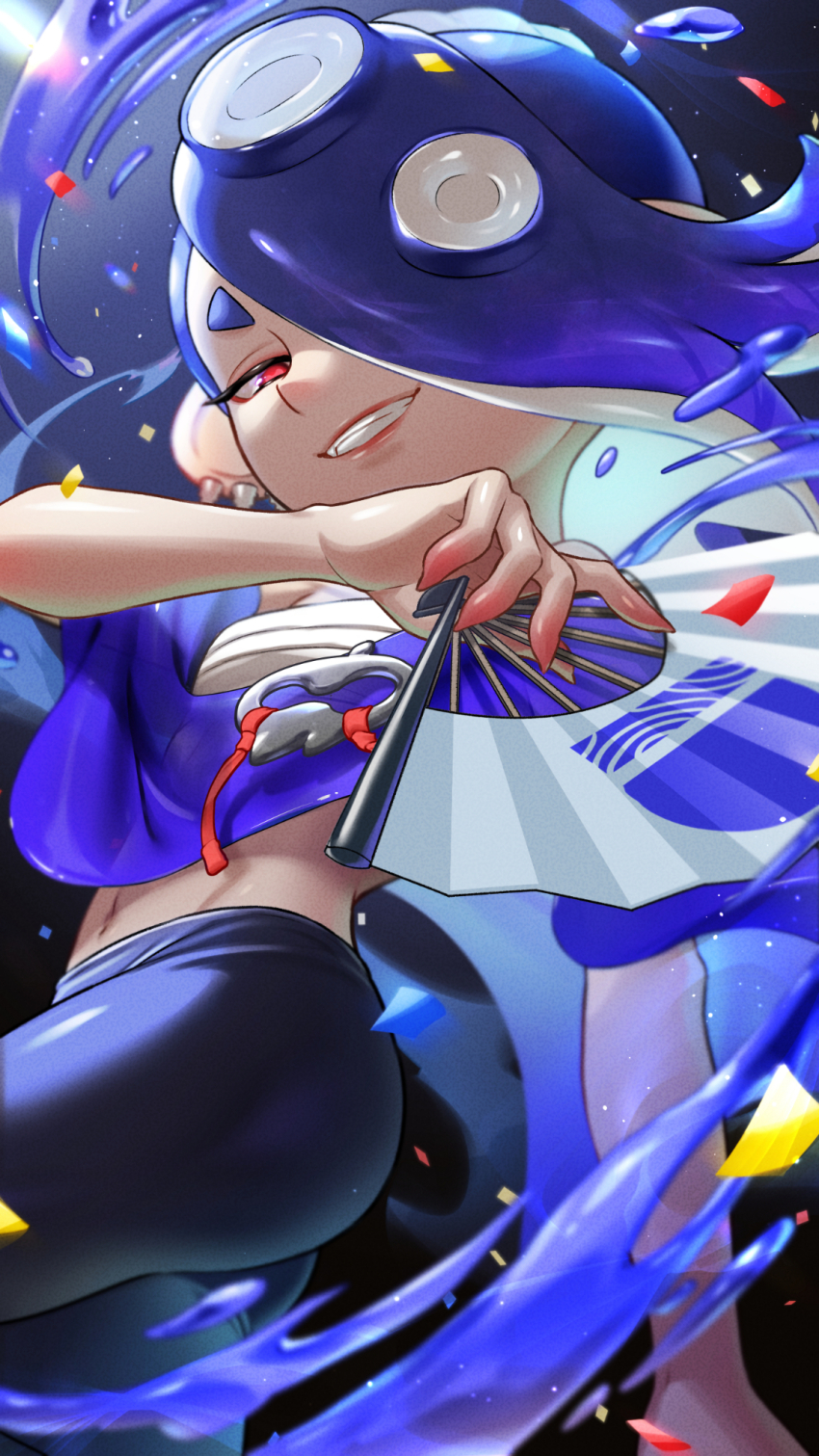 1girl arm_up bandages black_background black_pants blue_hair blue_shawl chest_sarashi commentary commentary_request confetti earrings english_commentary eyelashes fang folding_fan grin hair_over_one_eye hand_fan highres holding holding_fan iria_(yumeirokingyo) jewelry looking_at_viewer medium_hair midriff mixed-language_commentary multiple_earrings navel nintendo octoling one_eye_covered paint pants pointy_ears red_eyes sarashi shawl shiver_(deep_cut_outfit)_(splatoon) shiver_(splatoon) short_eyebrows smile solo splatoon_(series) splatoon_3 stomach suction_cups swept_bangs teeth tentacle_hair