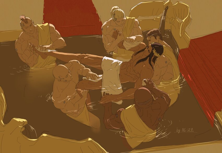 6+boys adeptus_custodes ancient_greek_clothes artist_name bald bathing bird black_hair brown_hair bulge closed_eyes dark-skinned_male dark_skin eagle emperor_of_mankind fountain from_above greco-roman_clothes highres imperial_aquila imperium_of_man in_floor_bathtub king laurel_crown lifting_person long_hair male_focus mohawk multiple_boys muscular muscular_male naked_towel ng_hamburger partially_submerged ponytail red_carpet relaxing same-sex_bathing servant shared_bathing short_hair sidelocks stairs tan toga topless_male towel towel_around_waist warhammer_40k washing_another water white_hair yellow_toga