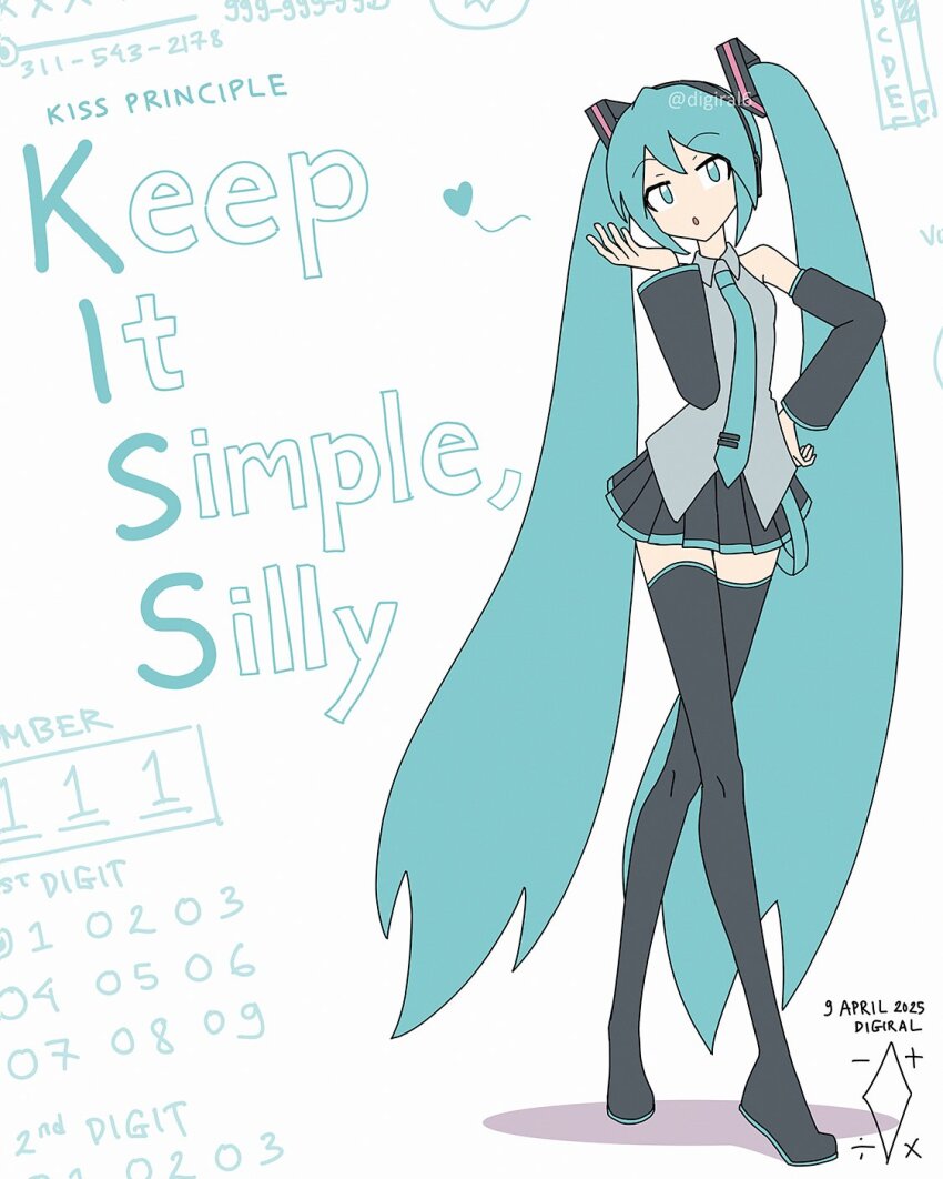 1girl :o acronym aqua_eyes aqua_hair aqua_necktie artist_logo artist_name black_boots black_skirt black_sleeves blowing_kiss boots collared_shirt commentary dated detached_sleeves digiral english_commentary english_text full_body grey_shirt hair_ornament hand_on_own_hip hand_up hatsune_miku headphones highres logo long_hair long_sleeves looking_at_viewer miniskirt necktie parted_lips pleated_skirt redrawn shirt skirt sleeveless sleeveless_shirt solo thigh_boots thighhighs twitter_username very_long_hair vocaloid white_background zettai_ryouiki