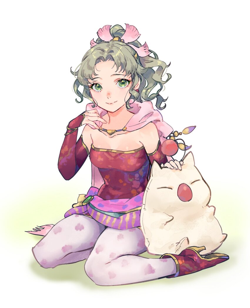 1girl boots breasts cape closed_mouth creature detached_sleeves dress earrings final_fantasy final_fantasy_vi full_body gold_trim green_eyes green_hair hair_bobbles hair_ornament hair_ribbon highres jewelry kin_mokusei kneeling long_hair looking_at_viewer medium_breasts moogle parted_bangs pink_cape pink_ribbon red_boots red_dress red_sleeves ribbon sash short_dress smile strapless strapless_dress tina_branford tube_dress waist_sash wavy_hair