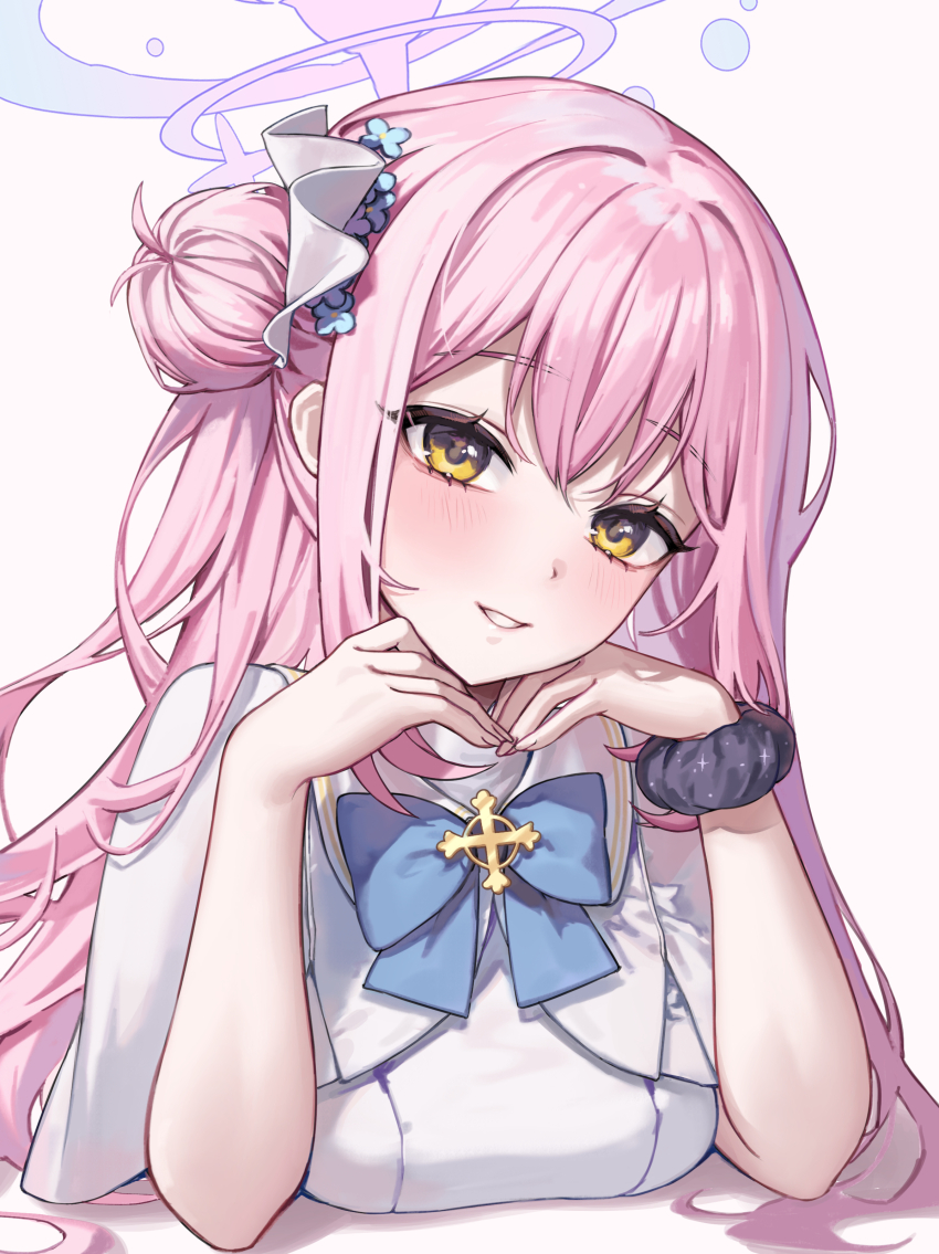 1girl absurdres blue_archive breasts cross cross_patonce dress hair_bun highres large_breasts looking_at_viewer mika_(blue_archive) pink_hair raised_eyebrows raki_kr single_side_bun smile solo white_dress yellow_eyes