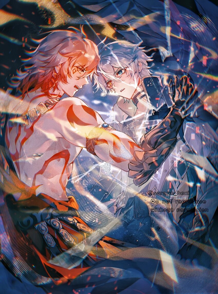 2boys arm_tattoo armlet armor black_choker black_coat black_shirt blonde_hair blue_eyes braid broken_glass chest_tattoo chinese_commentary choker clawed_gauntlets coat commentary_request crack cracked_glass cracked_skin eye_contact facial_tattoo glass gold_necklace gradient_hair hair_between_eyes highres honkai:_star_rail honkai_(series) jewelry looking_at_another male_focus medium_hair multicolored_hair multiple_boys mydei_(honkai:_star_rail) necklace open_clothes open_coat pauldrons phainon_(honkai:_star_rail) punching red_hair red_tattoo shirt short_hair shoulder_armor side_braid single_pauldron sorane_hexi tattoo toned toned_male white_coat white_hair yellow_eyes