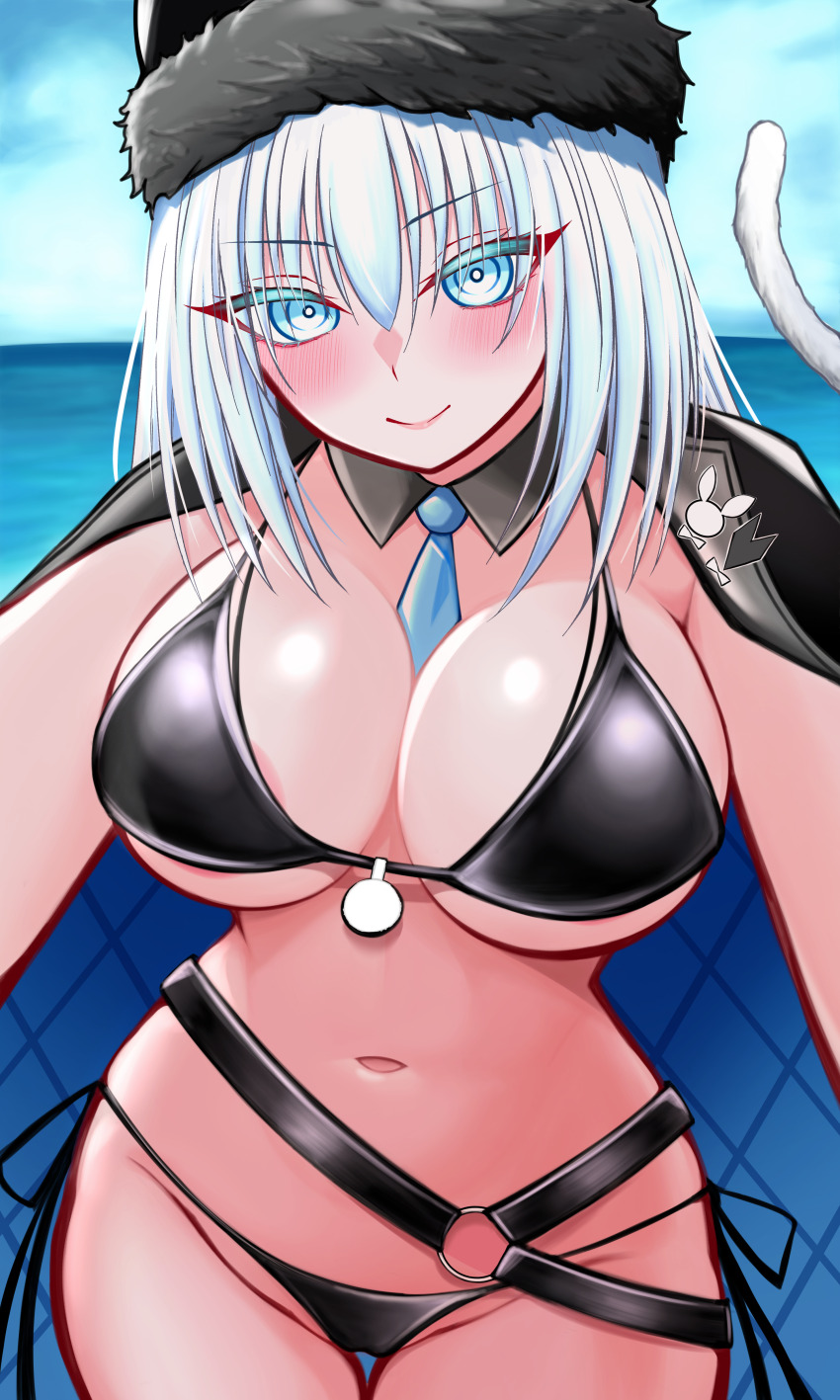 1girl absurdres bikini black_bikini black_hat black_jacket blue_eyes blue_sky blush breasts cat_girl cat_tail cleavage detached_collar dobrynya_nikitich_(fate) dobrynya_nikitich_(swimsuit_lancer)_(first_ascension)_(fate) fate/grand_order fate_(series) fur-trimmed_headwear fur_trim hat highres jacket jacket_on_shoulders large_breasts long_hair looking_at_viewer mcpc_zamurai navel necktie ocean sky smile solo sunburn swimsuit tail white_hair