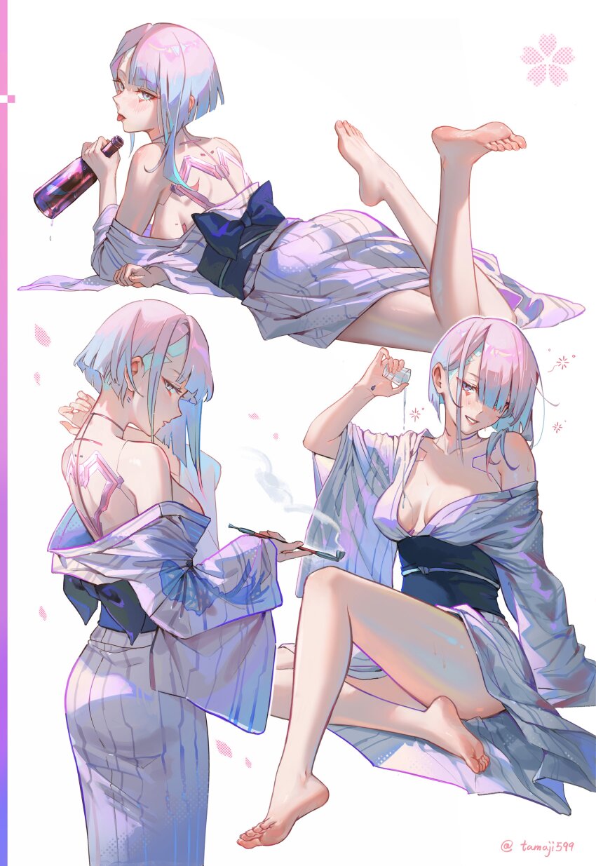 1girl absurdres alcohol aqua_eyes aqua_hair asymmetrical_bangs asymmetrical_hair bare_legs bare_shoulders barefoot blush bottle breasts choko_(cup) cleavage cup cyberpunk_(series) cyberpunk_2077 cyberpunk:_edgerunners cyborg drunk eyeliner highres holding holding_bottle holding_smoking_pipe japanese_clothes kimono kiseru looking_at_viewer looking_back lucy_(cyberpunk) lying makeup medium_breasts multicolored_eyes multicolored_hair obi off_shoulder on_stomach open_mouth parted_bangs pink_eyes pink_hair pink_tattoo purple_kimono red_eyeliner red_lips sake sash short_hair sitting smile smoking_pipe soles solo striped_clothes striped_kimono tamaki_(tamaki599) toes tongue tongue_out undercut vertical-striped_clothes vertical-striped_kimono wide_sleeves