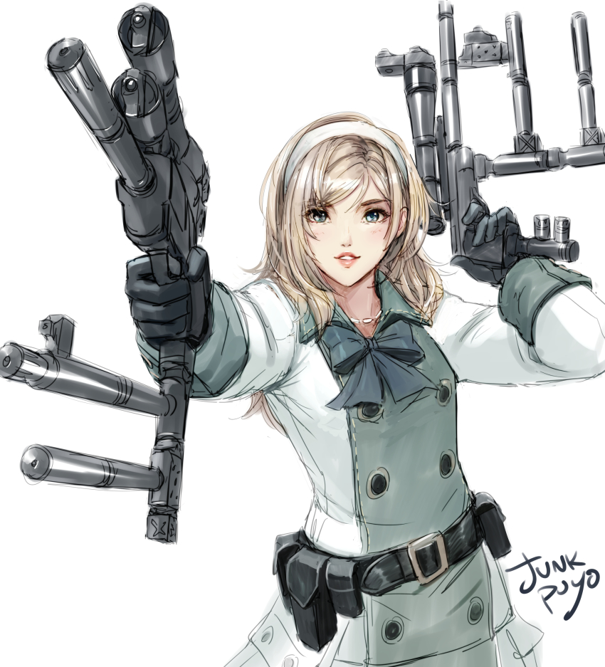 1girl aiming belt belt_pouch black_gloves blonde_hair blue_bow blush bow dual_wielding end_of_eternity gloves green_eyes grey_background gun hairband highres holding holding_gun holding_weapon jewelry junkpuyo long_hair necklace parted_lips pink_lips pouch reanbell signature simple_background solo teeth weapon white_hairband