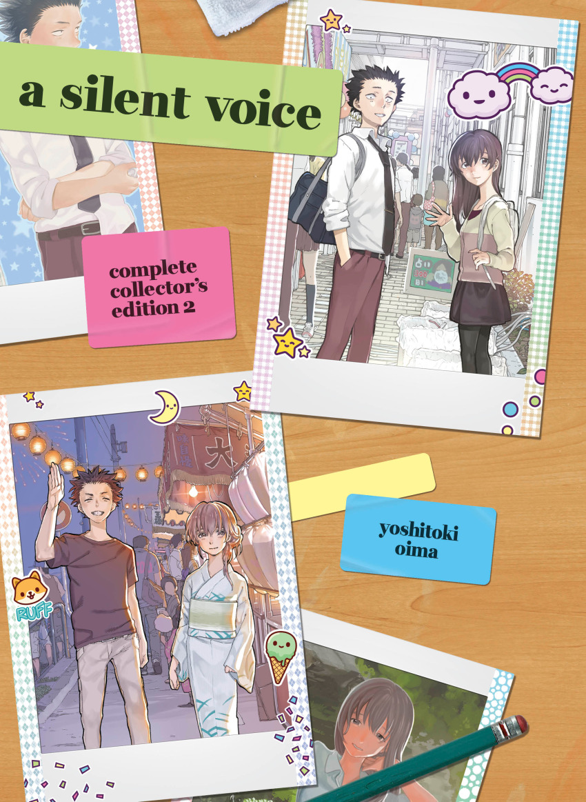 1boy 1girl absurdres backpack bag black_hair cloud collage cover height_difference highres ishida_shouya japanese_clothes kimono koe_no_katachi lantern long_hair looking_at_viewer multiple_views necktie nishimiya_shouko non-web_source official_art ooima_yoshitoki pants pencil photo_(object) rainbow short_hair skirt smile sticker waving