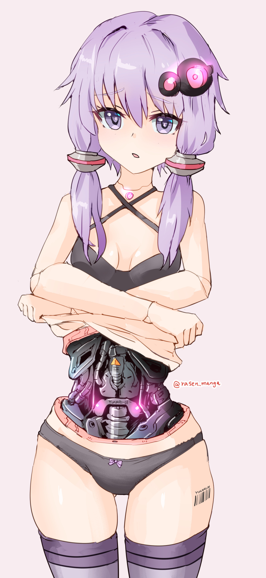 1girl absurdres black_bra black_panties bra breasts cowboy_shot hair_between_eyes highres joints mechabare panties purple_eyes purple_hair purple_thighhighs rasen_manga robot_joints short_hair_with_long_locks small_breasts solo thighhighs twitter_username underwear underwear_only vocaloid yuzuki_yukari