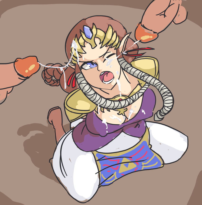 1girl 2boys blue_eyes boots braid breasts brown_hair cleavage covered_erect_nipples crown cum cum_on_body cum_on_breasts cum_on_upper_body cumdrip davewaterfalls dress ejaculation facial highres kneeling long_hair medium_breasts multiple_boys nintendo one_eye_closed open_mouth penis pointy_ears princess_zelda sex the_legend_of_zelda the_legend_of_zelda:_twilight_princess tiara