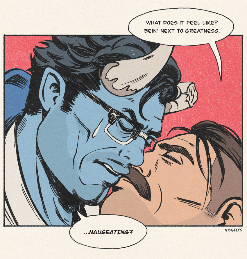 2boys abrams_(deadlock) artist_name black_hair brown_hair closed_eyes commentary deadlock_(game) demon_boy demon_horns english_commentary facial_hair facing_another glasses highres horns imminent_kiss kiss lash_(deadlock) male_focus multiple_boys mustache pointy_ears red_background speech_bubble sweatdrop upper_body vogelys yaoi