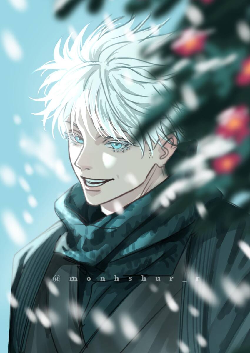 1boy black_scarf blue_background blue_eyes blurry colored_eyelashes commentary depth_of_field facebook_username gojou_satoru highres jujutsu_kaisen male_focus monhshur_r motion_lines open_mouth portrait scarf smile snowing solo teeth white_hair