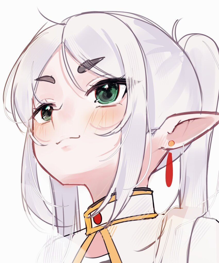 1girl :3 absurdres capelet commentary earrings elf english_commentary frieren gold_trim green_eyes grey_hair hair_over_shoulder head_back highres jewelry long_pointy_ears looking_up meiwowowo parted_bangs pointy_ears simple_background solo sousou_no_frieren teardrop_earrings upper_body upward_angle_frieren_drawing v-shaped_eyebrows white_background