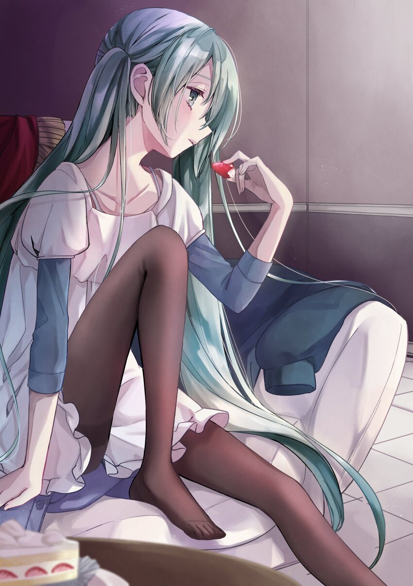 1girl absurdres aqua_eyes aqua_hair barefoot black_pantyhose brown_pantyhose cake collarbone couch dress flat_chest food fruit half-closed_eyes hatsune_miku highres long_hair nagitofuu no_shoes pale_skin pantyhose parted_lips sitting solo strawberry strawberry_cake strawberry_shortcake twintails usotsuki_(vocaloid) very_long_hair vocaloid white_dress