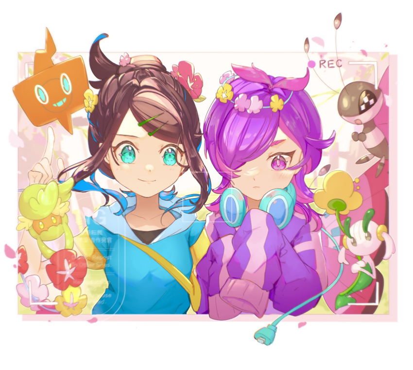 2girls aqua_eyes blue_jacket breasts character_request closed_mouth dot_(pokemon) hair_over_one_eye headphones headphones_around_neck highres hood hood_down hooded_jacket index_finger_raised jacket layered_sleeves liko_(pokemon) long_sleeves medium_breasts multiple_girls nintendo pink_eyes pink_sweater pokemon pokemon_(anime) pokemon_(creature) pokemon_horizons ponytail purple_hair purple_sweater short_hair_with_long_locks short_over_long_sleeves short_ponytail short_sleeves sidelocks sleeves_past_fingers sleeves_past_wrists smile sweater swept_bangs tonbo_(tonbo63194) two-tone_sweater upper_body yellow_sleeves