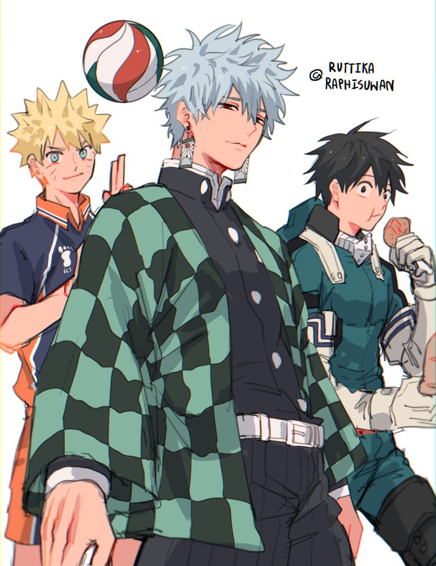 3boys absurdres ball belt black_eyes black_hair blonde_hair blue_eyes boku_no_hero_academia checkered_haori chicken_(food) chicken_leg cosplay crossover earrings eating facial_mark food gintama grey_hair haikyuu!! haori highres hinata_shouyou hinata_shouyou_(cosplay) japanese_clothes jewelry jumpsuit kamado_tanjirou kamado_tanjirou_(cosplay) kimetsu_no_yaiba male_focus midoriya_izuku midoriya_izuku_(cosplay) monkey_d._luffy multiple_boys naruto_(series) one_piece pants red_eyes ruttika_shin sakata_gintoki shirt shorts uzumaki_naruto whisker_markings