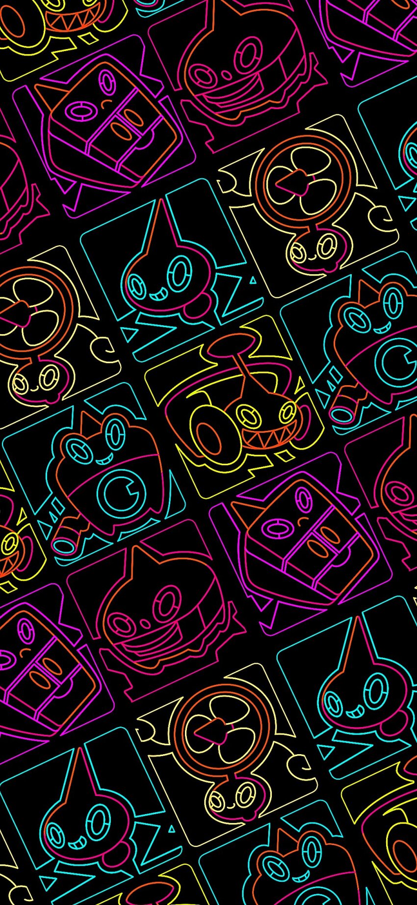 black_background gen_4_pokemon highres lineart nintendo patterned pokemon pokemon_(creature) rotom rotom_(fan) rotom_(frost) rotom_(heat) rotom_(mow) rotom_(normal) rotom_(wash) sharp_teeth shichi_(7cube_ori) simple_background smile teeth wheel