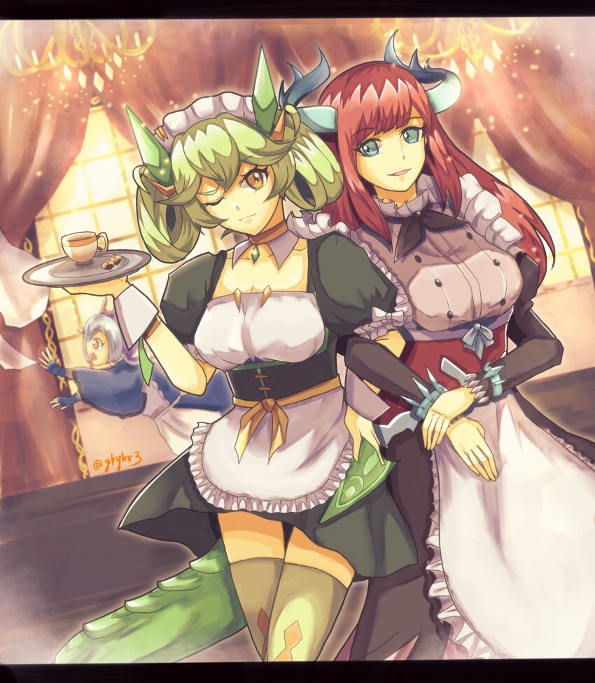 3girls apron blue_eyes blue_hair blue_kimono blush breasts chandelier chef closed_mouth collarbone cup curtains detached_collar dragon_girl dragon_horns dragon_tail dragon_wings duel_monster eastern_dragon_horns fingerless_gloves frilled_apron frilled_hairband frills gloves green_hair hair_between_eyes hair_ornament hairband hand_on_own_hip highres holding holding_plate horns japanese_clothes kimono kitchen_dragonmaid laundry_dragonmaid long_hair long_sleeves looking_at_another maid_apron medium_breasts multiple_girls one_eye_closed open_mouth orange_eyes parlor_dragonmaid plate puffy_long_sleeves puffy_sleeves red_hair short_hair short_twintails smile tail teacup thighhighs twintails twitter_username waist_apron white_apron wide_sleeves wings wrist_cuffs yellow_thighhighs yu-gi-oh! yukari_(ykykr3) zettai_ryouiki