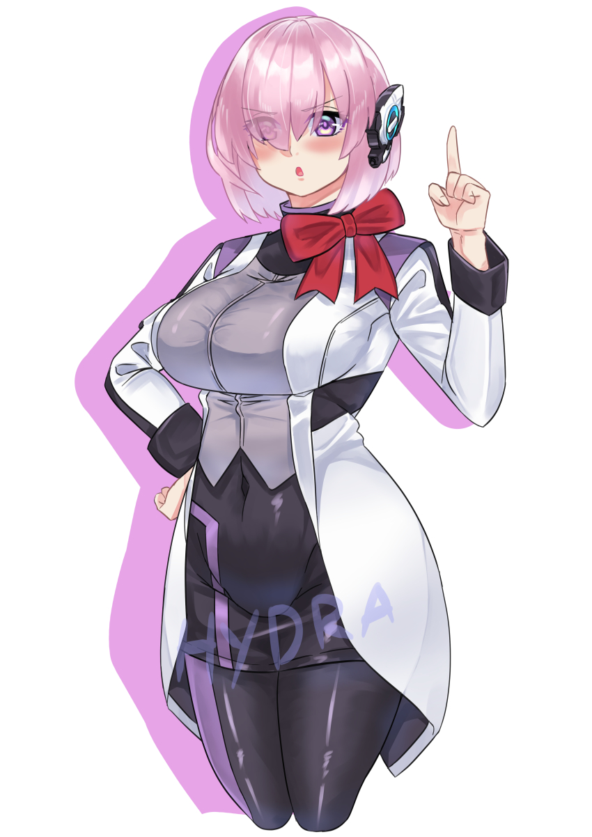 1girl :o absurdres android black_bow bob_cut bow breasts cosplay cowboy_shot crossover fate/grand_order fate_(series) hair_over_one_eye hand_up highres humagear_headphones hydra_(kuzuryuu9) index_finger_raised is_(kamen_rider_01) is_(kamen_rider_01)_(cosplay) kamen_rider kamen_rider_01_(series) large_breasts long_bangs looking_at_viewer mash_kyrielight nail_polish open_mouth pantyhose pink_eyes pink_hair robot_ears signature simple_background skirt solo white_background