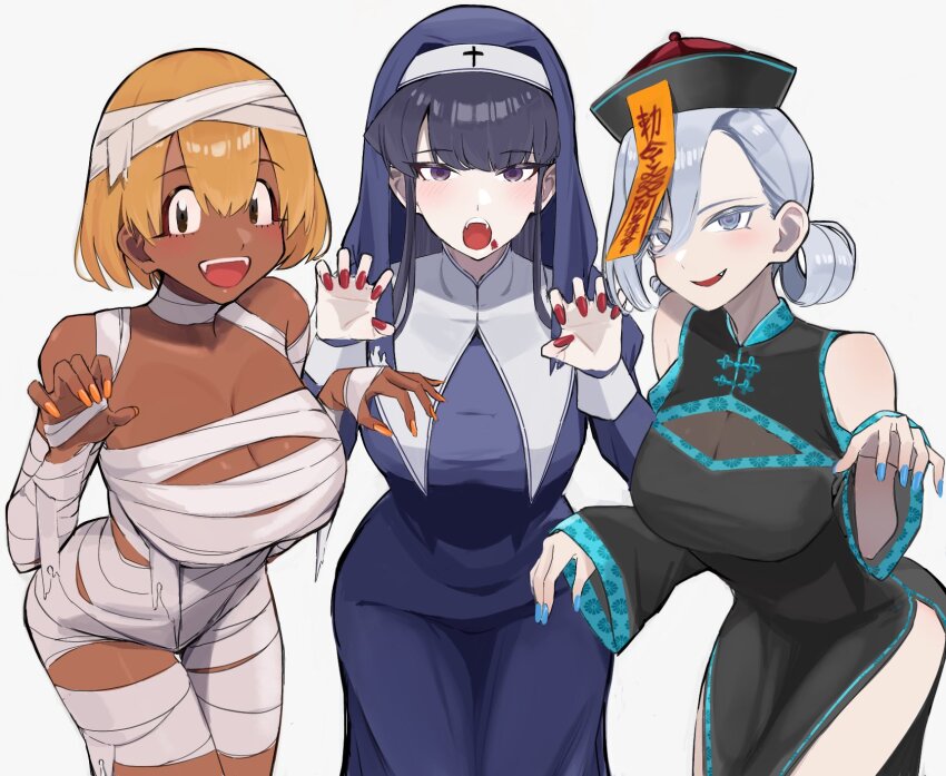 3girls ayatak0517 bandages black_hair black_robe blue_nails breasts chinese_clothes claw_pose cleavage dark-skinned_female dark_skin grey_hair habit halloween_costume hat highres jiangshi_costume kawai_rami komi-san_wa_komyushou_desu komi_shouko large_breasts long_hair looking_at_viewer manbagi_rumiko multiple_girls mummy_costume nail_polish naked_bandage nun ofuda ofuda_on_head orange_nails outstretched_arms qingdai_guanmao red_nails robe short_hair talisman zombie_pose