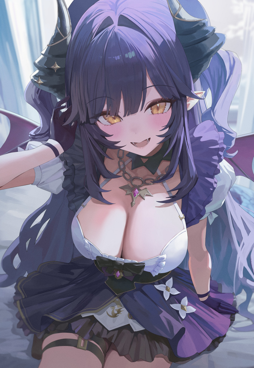 1girl absurdres arm_support black_bow black_horns blush bow breasts cleavage commentary dragon_girl dragon_horns dragon_wings english_commentary fangs frilled_shirt frills gem gloves gold_trim hair_between_eyes hair_intakes hand_in_own_hair hand_up highres horns indoors jewelry large_breasts long_hair looking_at_viewer necklace open_mouth purple_gemstone purple_gloves purple_hair purple_skirt sakihane_huya shirt shirt_bow short_sleeves sidelocks sitting skirt slit_pupils smile solo star_(symbol) stellive sunj000 teeth thigh_strap thighs two_side_up very_long_hair virtual_youtuber white_shirt window wings yellow_eyes