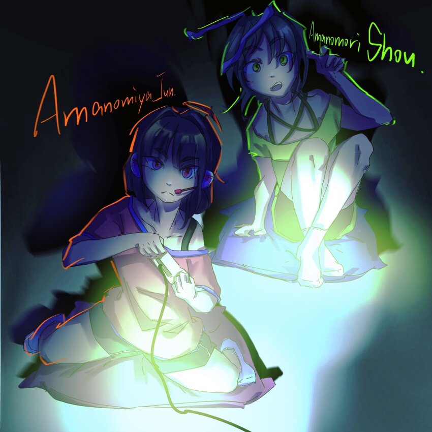 2others amanomiya_jun amanomori_shou androgynous black_hair black_shorts brown_hair character_name closed_mouth controller english_text game_controller green_eyes green_outline green_shirt headset highres holding holding_controller holding_game_controller len&#039;en light looking_at_screen multiple_others open_mouth orange_outline other_focus outline pink_shirt playing_games rainlow red_eyes shirt shorts sitting_on_pillow socks spaghetti_strap v white_socks