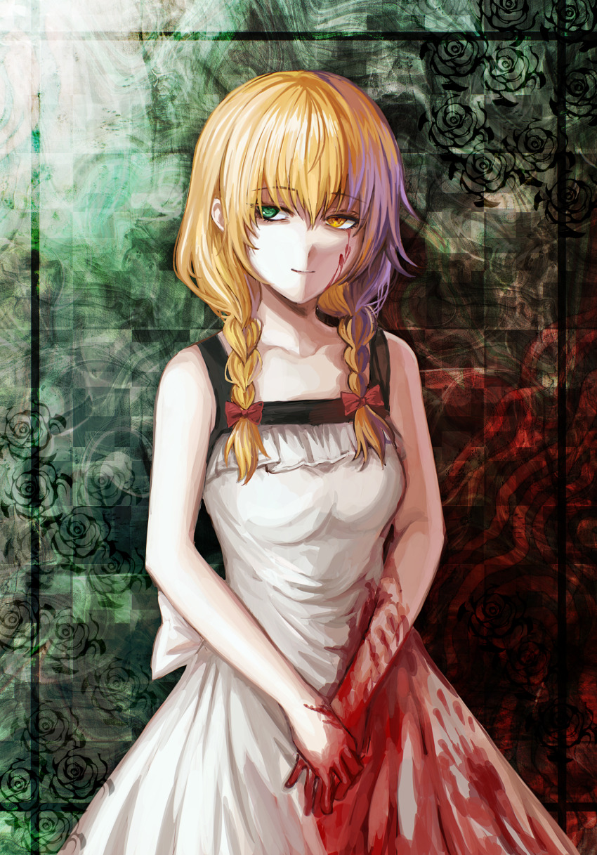 1girl apron blonde_hair blood blood_on_clothes blood_on_face blood_splatter bloody_handprints body_switch braid breasts collarbone commentary dress ellen_(majo_no_ie) eyelashes green_eyes handprint highres long_hair looking_to_the_side majo_no_ie own_hands_together personality_switch sidelighting smile solo twin_braids upper_body user_mhtg3322 viola_(majo_no_ie) yellow_eyes