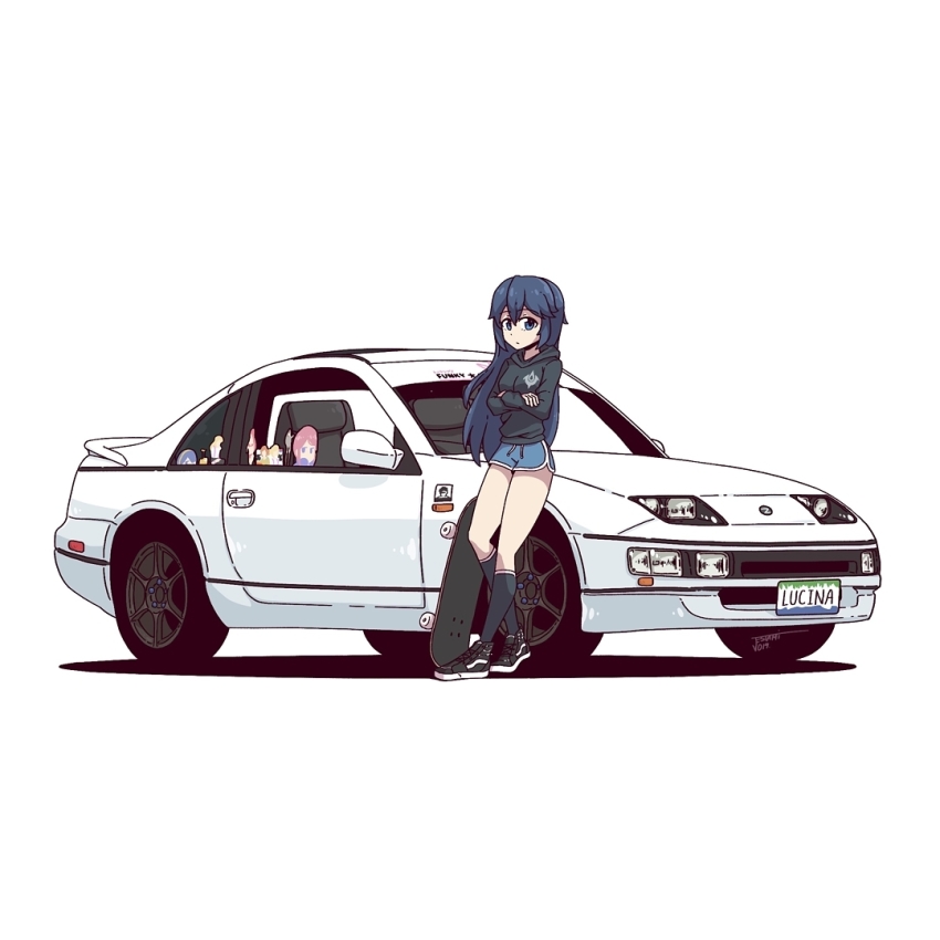 1girl black_hoodie black_shoes black_socks blue_eyes blue_hair blue_shorts breasts car character_name commentary contemporary crossed_arms english_commentary expressionless fire_emblem fire_emblem_awakening full_body hood hoodie jestami license_plate long_hair looking_at_viewer lucina_(fire_emblem) medium_breasts motor_vehicle nintendo nissan nissan_300zx nissan_300zx_(z32) nissan_fairlady_z shadow shoes shorts signature simple_background skateboard sneakers socks solo standing vehicle_focus white_background