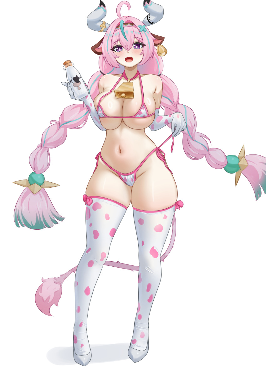 1girl absurdres ahoge alternate_costume animal_ears animal_print aqua_hair bare_shoulders bell bikini blush bottle bow braid commentary cow_ears cow_girl cow_horns cow_print cow_print_bikini cow_print_gloves cow_print_thighhighs cow_tail cowboy_shot ear_bell elbow_gloves english_commentary full_body genshin_impact glass_bottle gloves hair_between_eyes highres holding holding_bottle horns long_hair looking_at_viewer micro_bikini milk_bottle multicolored_hair navel neck_bell open_mouth pink_bow pink_hair print_bikini print_gloves print_thighhighs purple_eyes shoes side-tie_bikini_bottom simple_background solo standing stomach streaked_hair swimsuit tail thighhighs thighs twin_braids untying varesa_(genshin_impact) very_long_hair white_background white_gloves white_shoes white_thighhighs zancrowkami
