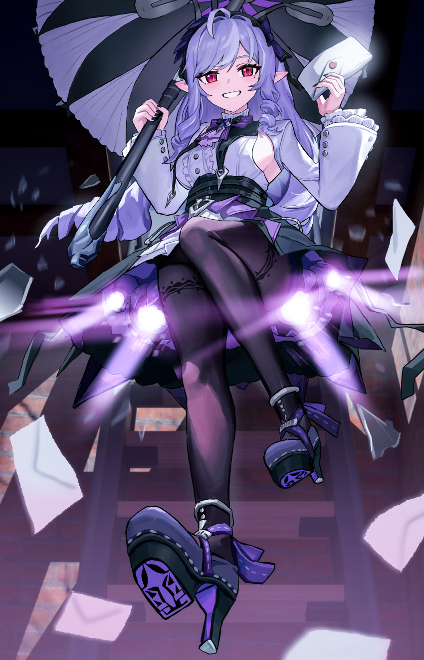 1girl absurdres ascot black_nails black_pantyhose bow bowtie center_frills chen_qixing drill_hair frills gem hairband high_heels highres holding holding_letter holding_umbrella letter long_hair looking_at_viewer mole mole_under_eye pantyhose patterned_legwear pointy_ears purple_ascot purple_bow purple_bowtie purple_gemstone purple_hair purple_hairband purple_umbrella shrug_(clothing) sideboob_cutout smile twin_drills umbrella vivian_banshee white_shrug zenless_zone_zero