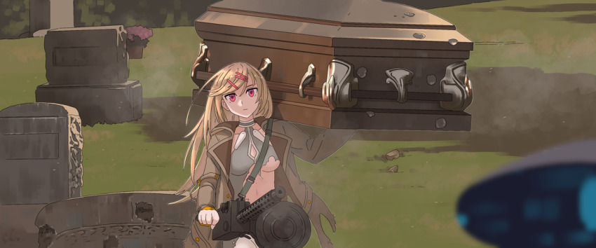 1girl blonde_hair breasts browning_m1919 carrying carrying_over_shoulder coat coffin collarbone dress drum_magazine expressionless female_focus flower flower_pot girls&#039;_frontline grass grave graveyard gun gun_sling hair_ornament hairclip holding long_hair m1919a4_(girls&#039;_frontline) machine_gun magazine_(weapon) medium_breasts medium_machine_gun navel outdoors parody red_eyes smoke solo swept_bangs tab_(tabkun) terminator_(series) terminator_3:_rise_of_the_machines the_terminator torn_clothes torn_coat torn_dress weapon