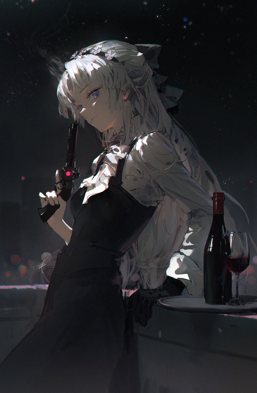 1girl absurdres alternate_costume balcony black_bow black_dress black_gloves black_hairband blue_eyes bottle bow carlotta_(wuthering_waves) closed_mouth commentary cup dino_(dinoartforame) dress drinking_glass enmaided gloves gun hair_bow hair_spread_out hairband highres holding holding_gun holding_weapon leaning_back long_hair looking_at_viewer maid night night_sky outdoors single_glove sky smile solo unconventional_maid very_long_hair weapon white_hair wine_glass wuthering_waves