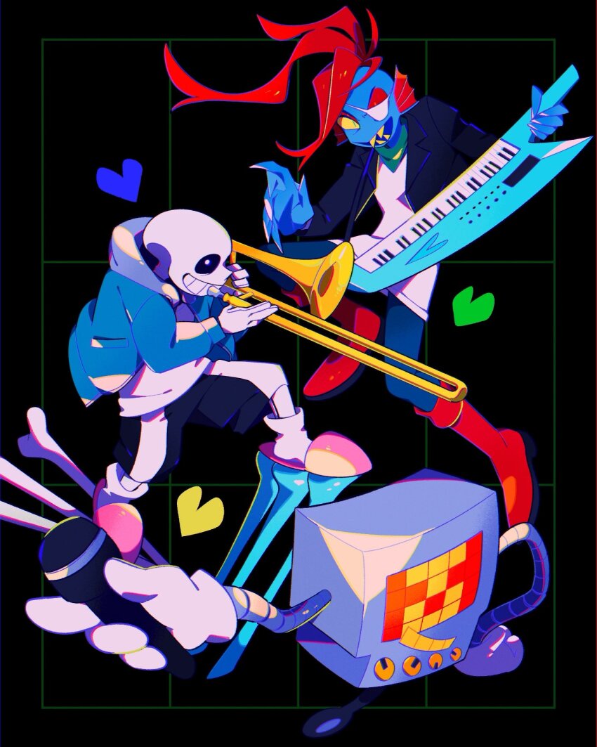 1boy 1girl black_background black_jacket blue_jacket blue_skin bone boots colored_sclera colored_skin eyepatch fins full_body grin head_fins heart highres holding holding_instrument holding_microphone instrument jacket kanianoreki keyboard_(instrument) knee_boots mettaton microphone music non-humanoid_robot one_eye_covered open_mouth playing_instrument ponytail red_boots red_hair robot sans_(undertale) smile trumpet undertale undyne yellow_sclera