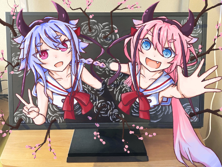 2girls bow bowtie cherry_blossoms fang highres indoors laughing meika_hime meika_mikoto multiple_girls nibositaberu shirt sleeveless sleeveless_shirt television v vocaloid