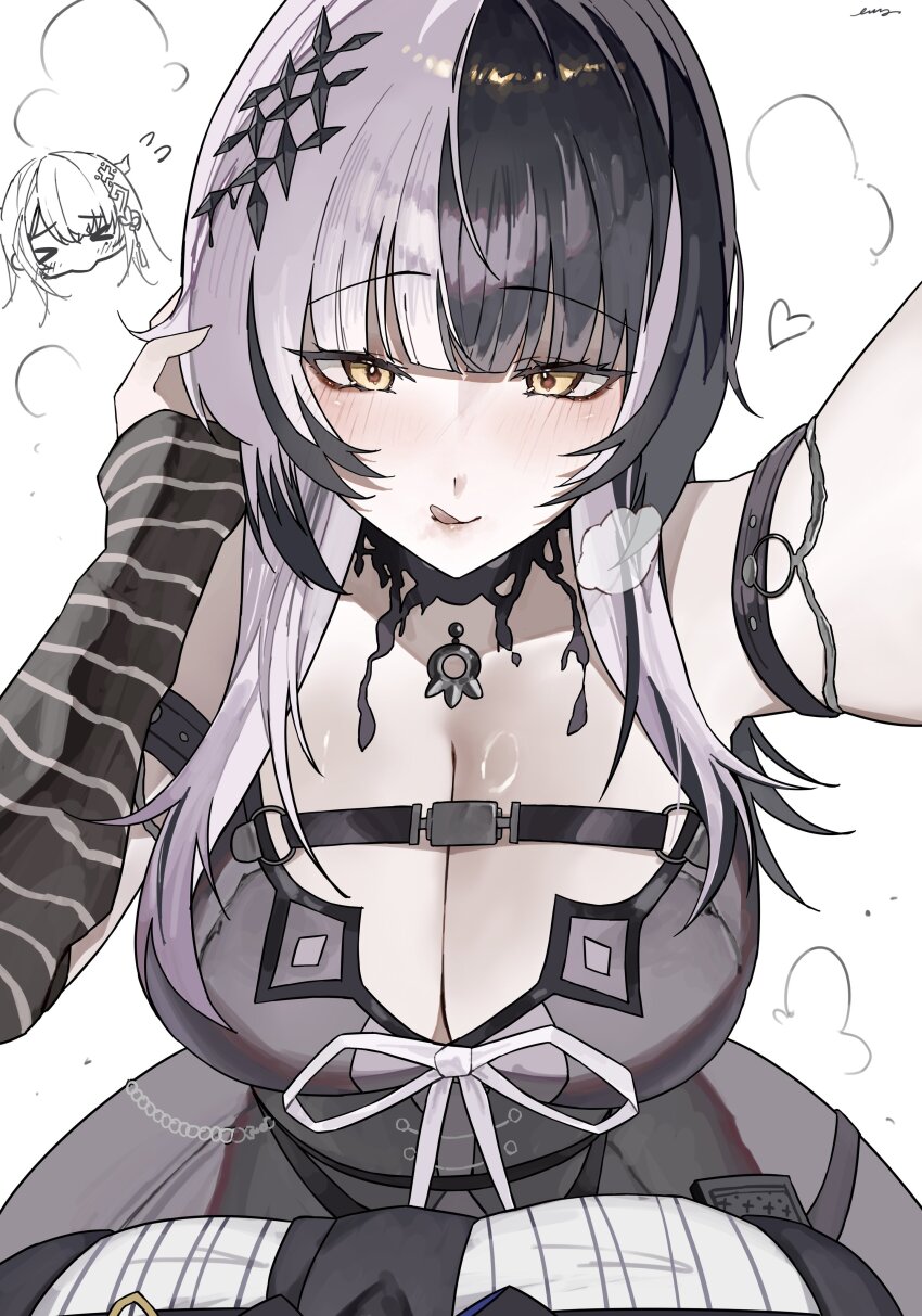 :q absurdres arm_strap black_arm_warmers black_choker black_dress black_hair breasts choker cleavage dress ewn female_pov grey_hair heart highres hololive hololive_english huge_breasts long_hair looking_at_viewer multicolored_hair nerissa_ravencroft nerissa_ravencroft_(1st_costume) pov ribbon shiori_novella shiori_novella_(1st_costume) split-color_hair striped_arm_warmers tongue tongue_out two-tone_hair virtual_youtuber white_ribbon yellow_eyes