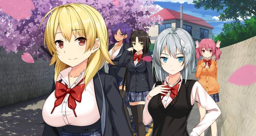 5girls black_hair black_thighhighs blonde_hair blue_eyes blue_sky blush breasts cherry_blossoms cleavage closed_mouth commentary day english_commentary grey_hair hanao_akari house large_breasts long_hair long_sleeves machiyuki_ricka miniskirt moe!_ninja_girls momochi_myu multiple_girls necktie official_art outdoors pink_eyes pink_hair purple_hair red_eyes road saion-ji_enju school_uniform shadow short_hair skirt sky street thighhighs tree twintails window yomoda_tengge