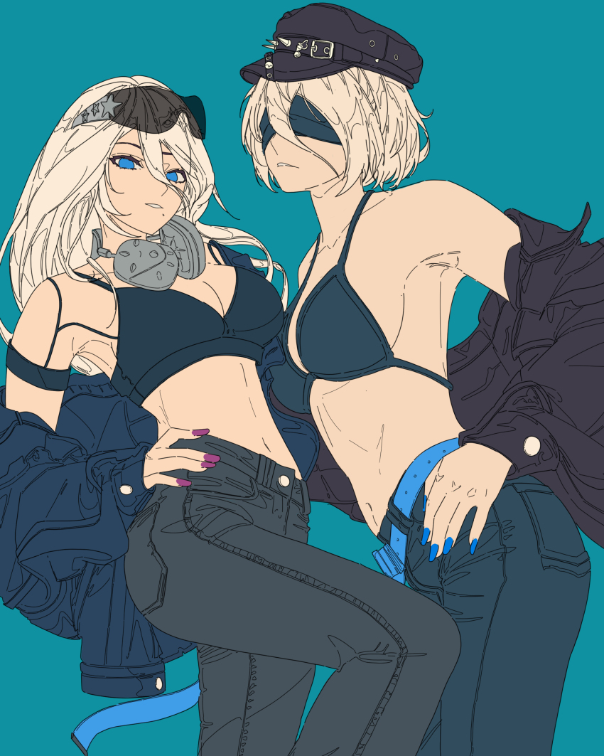 2b_(nier:automata) 2girls a2_(nier:automata) absurdres bikini black_bikini breasts cowboy_shot denim fingernails hat highres jeans large_breasts leaning_back leaning_forward long_hair medium_breasts midriff multiple_girls navel nest_virgo nier_(series) pants short_hair simple_background swimsuit white_hair