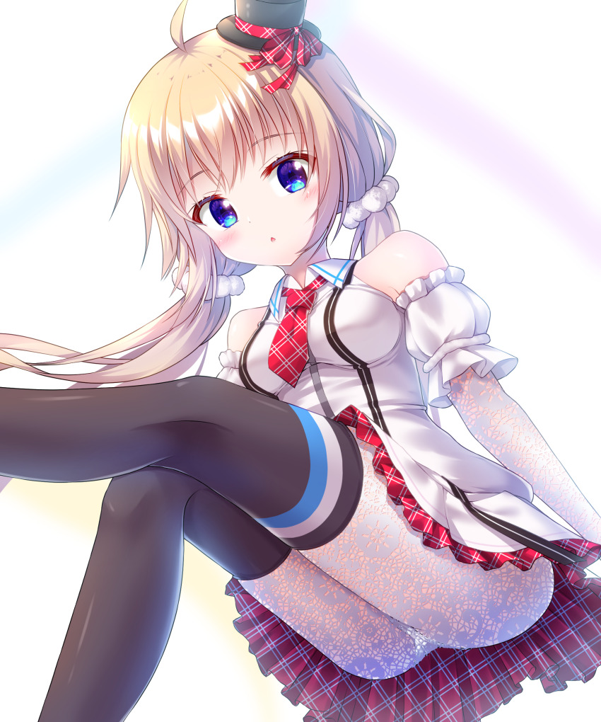 1girl :o absurdres ahoge ass bare_shoulders black_hat black_thighhighs blonde_hair blue_eyes blush breasts commentary detached_sleeves dot_nose dress from_below getsuyoshi hair_ornament hair_scrunchie hat highres idol idol_clothes itsumura_haruka lace lace_pantyhose lace_sleeves long_hair looking_at_viewer low_twintails midair mini_hat mini_top_hat necktie panties panties_under_pantyhose pantyhose parted_lips plaid_clothes plaid_necktie plaid_ribbon plaid_skirt re:stage! red_necktie red_ribbon red_skirt ribbon scrunchie short_dress short_necktie skirt sleeveless sleeveless_dress small_breasts solo thigh_focus thighhighs thighs tilted_headwear top_hat twintails underwear white_dress white_panties white_pantyhose white_scrunchie white_sleeves