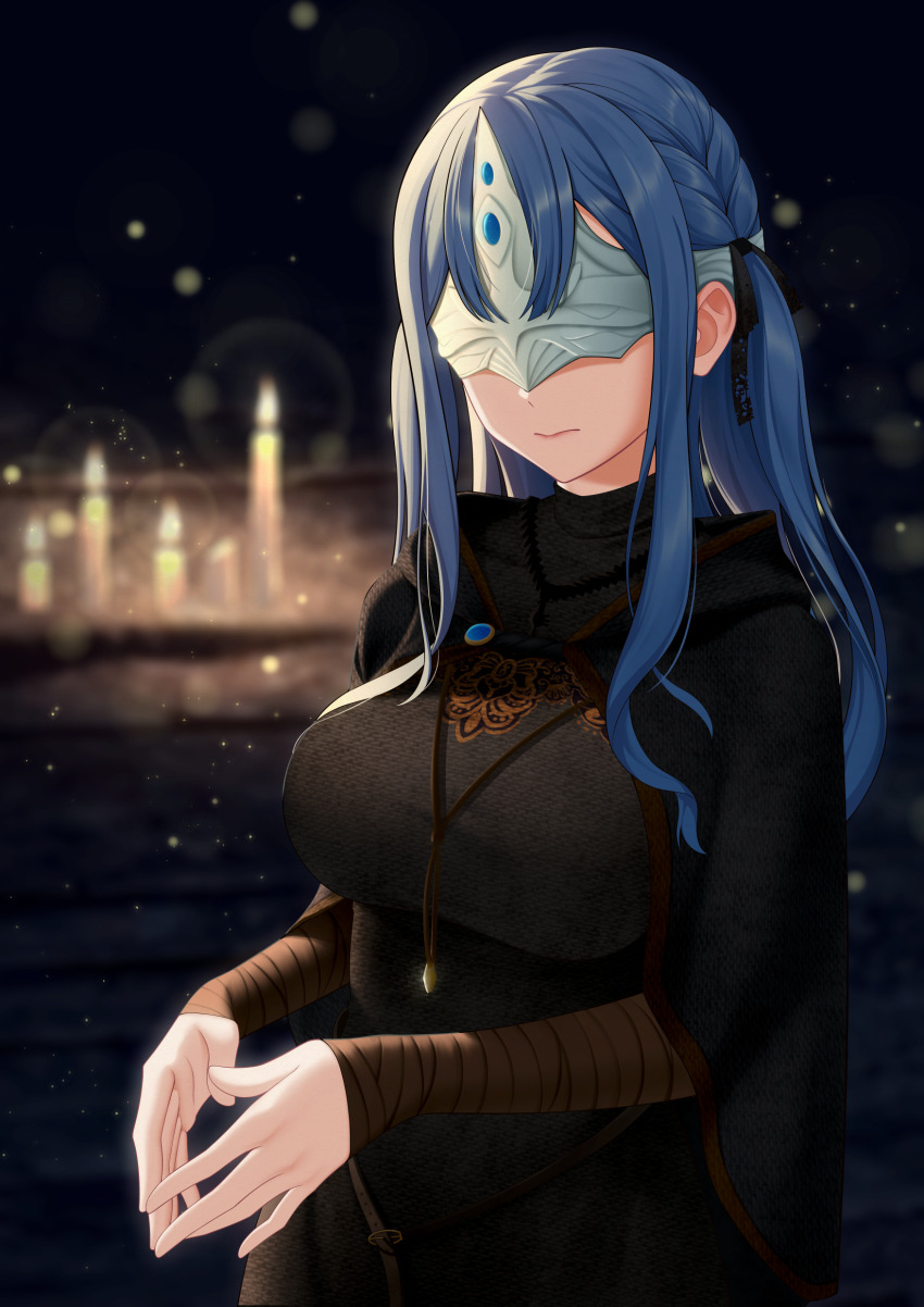 1girl absurdres bandaged_arm bandages bang_dream! bang_dream!_it&#039;s_mygo!!!!! black_cloak black_dress black_ribbon blue_hair blurry blurry_background breasts candle cloak closed_mouth commentary_request cosplay cowboy_shot dress eye_mask facing_viewer fire_keeper fire_keeper_(cosplay) hair_ribbon highres hood hood_down jewelry large_breasts long_hair necklace own_hands_together ribbon sasaki3rd sidelocks solo togawa_sakiko