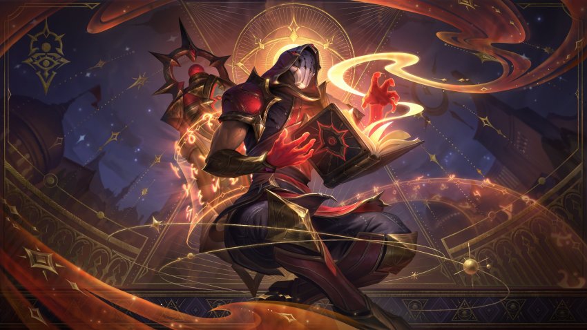 1boy armor artist_name belt biceps book card_(medium) crossed_legs floating gauntlets highres hood hoodie league_of_legends leg_armor light light_rays male_focus mask night night_sky official_art outdoors pants runes ryze scroll shirt shoulder_armor skirt sky solar_system solo star_(symbol) tarot tarot_(medium) the_hermit_(tarot) the_magician_(tarot) the_sun_(tarot) toga