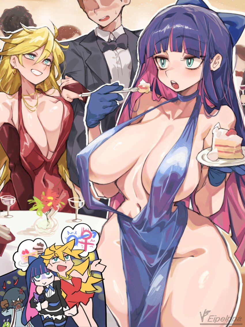 2girls absurdres areola_slip bare_shoulders blonde_hair blue_dress blue_eyes blue_gloves blue_hair breasts bridal_gauntlets cake cocktail_dress cowboy_shot dress food gloves highres iparupua large_breasts long_hair multicolored_hair multiple_girls panty_&amp;_stocking_with_garterbelt panty_(psg) pink_hair red_bridal_gauntlets red_dress revealing_clothes stocking_(psg) strawberry_shortcake two-tone_hair