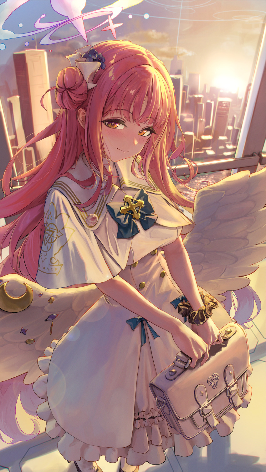 1girl absurdres bag blue_archive blue_bow blue_flower blush bocchi_(kuropom7) bow capelet closed_mouth dress feathered_wings flower hair_bun hair_ornament hair_scrunchie highres holding holding_bag long_hair looking_at_viewer mika_(blue_archive) pink_hair revision scrunchie sidelocks single_side_bun skyline smile solo white_bag white_capelet white_dress white_scrunchie wings yellow_eyes