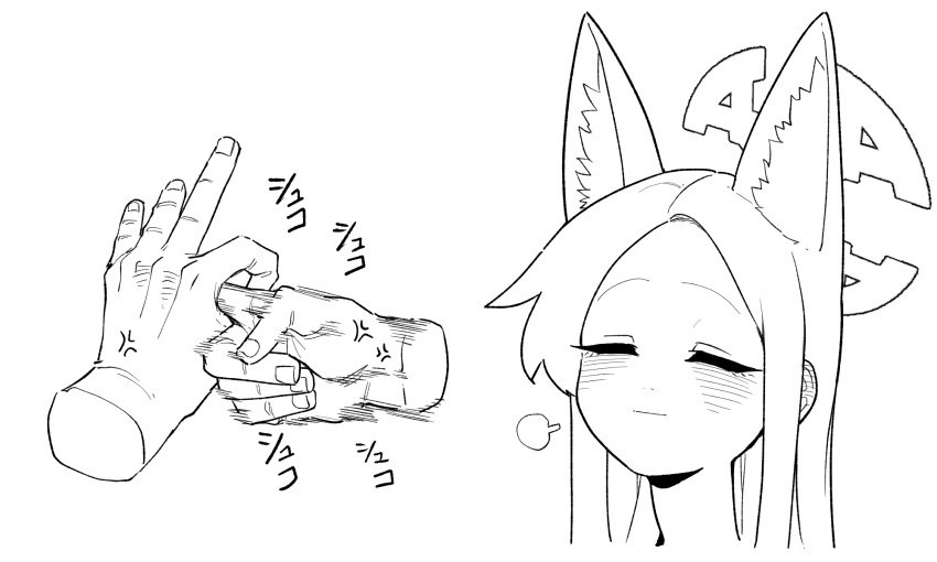 1boy 1girl anger_vein animal_ear_fluff animal_ears asahina_yoshitoshi blue_archive blush closed_eyes closed_mouth disembodied_hand ear_blush extra_ears fox_ears greyscale halo highres long_hair monochrome penetration_gesture puff_of_air seia_(blue_archive) simple_background smile solo_focus white_background