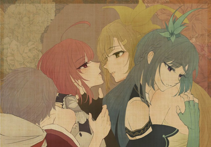 4girls ahoge aqua_gloves back bare_shoulders black_gloves blonde_hair blue_flower blue_hair blush braid closed_mouth facing_another fingerless_gloves floral_background flower flower_request french_braid from_side gloves grey_hair hair_flower hair_ornament half-closed_eyes hand_in_another&#039;s_hair hand_on_another&#039;s_cheek hand_on_another&#039;s_face hand_on_another&#039;s_neck highres himmel_(keine_haare) holding_another&#039;s_wrist hood hood_down hoodie hug imminent_kiss japanese_clothes jitome kimono looking_at_another looking_away magia_record:_mahou_shoujo_madoka_magica_gaiden magical_girl mahou_shoujo_madoka_magica medium_hair multiple_girls off_shoulder parted_lips pink_eyes pink_hair pink_kimono profile purple_eyes sad scratches scratching scratching_back shinobu_akira_(madoka_magica) shizumi_konoha short_hair sidelocks split_mouth swept_bangs tokiwa_nanaka upper_body yellow_eyes yellow_flower yuri yusa_hazuki