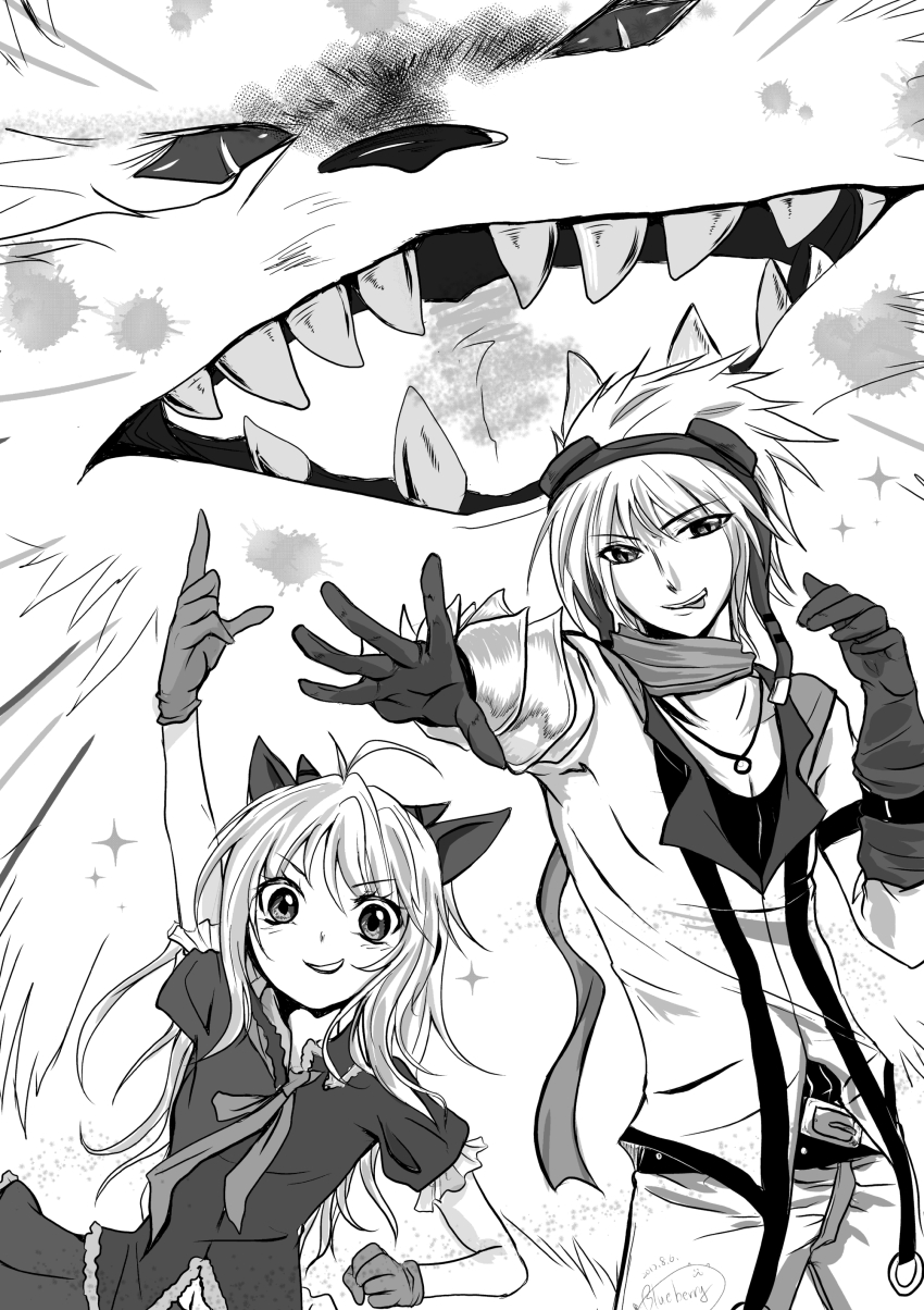 1boy 1girl absurdres animal_ears annie_(league_of_legends) antenna_hair arm_up bear belt blush cat_ears chinese_commentary commentary_request cowboy_shot ezreal frilled_sleeves frills gloves goggles goggles_on_head greyscale highres index_finger_raised lanmei_jiang league_of_legends long_hair looking_at_viewer monochrome open_mouth scarf shirt short_hair skirt smile tibbers