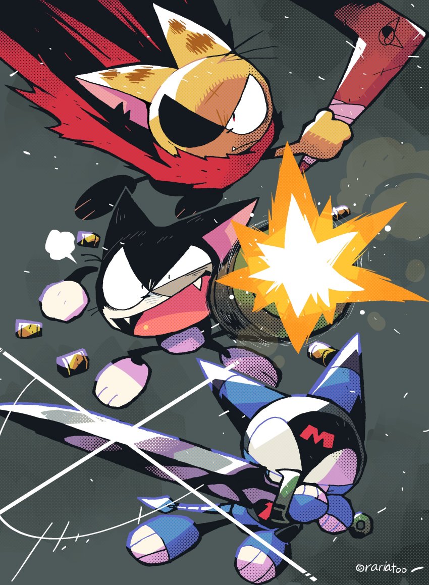 absurdres aiming aiming_at_viewer boomerang commentary_typo cyborg_kuro-chan eyepatch glint halftone highres holding holding_sword holding_weapon kuro_(cyborg_kuro-chan) looking_at_viewer m_(cyborg_kuro-chan) matatabi_(cyborg_kuro-chan) no_humans one_eye_covered open_mouth rariatto_(ganguri) shell_casing sword twitter_username two-handed weapon