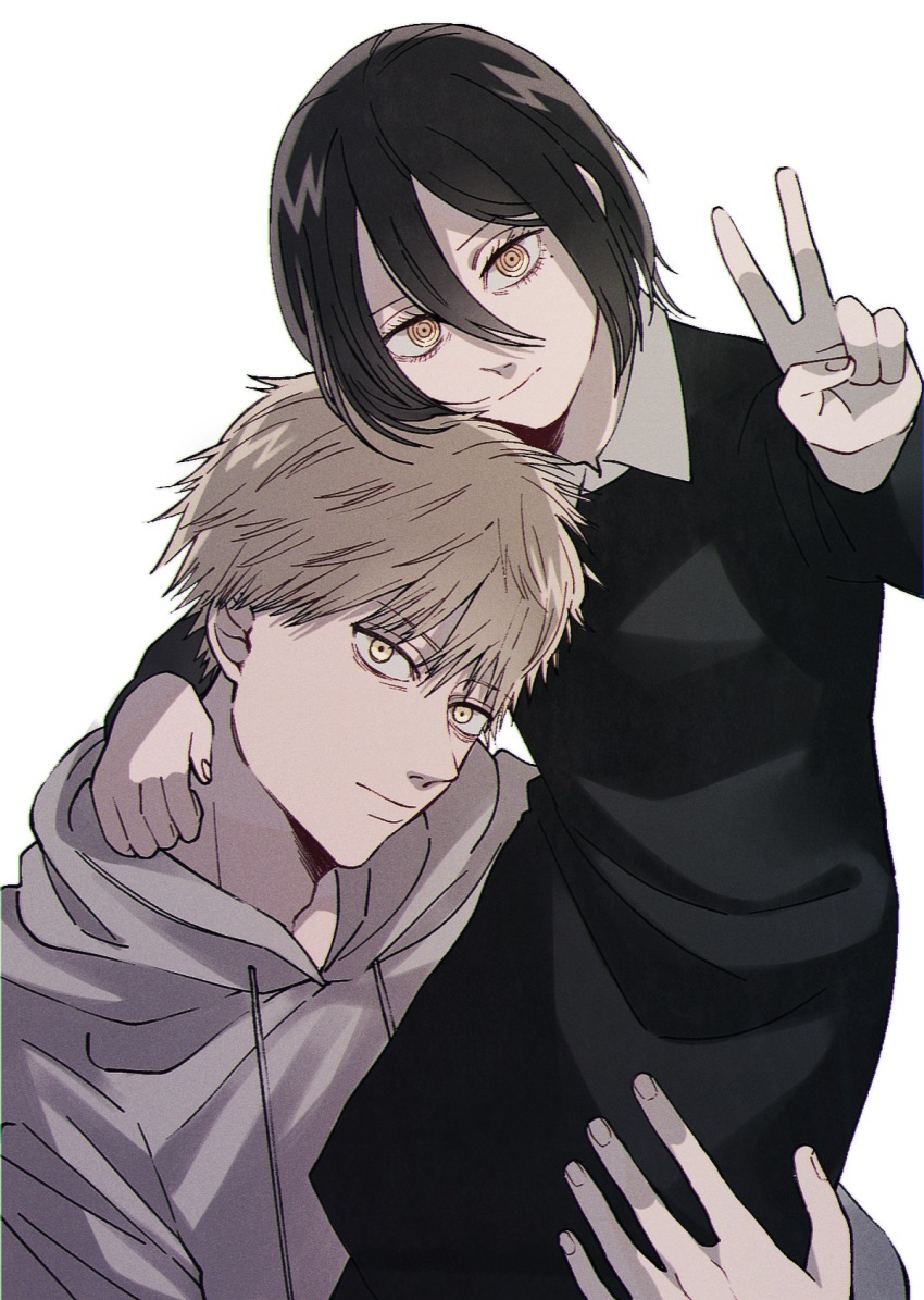 1boy 1girl black_dress black_hair blonde_hair carrying chainsaw_man commentary_request denji_(chainsaw_man) dress grey_hoodie hair_between_eyes head_tilt highres hood hoodie llq9ull nayuta_(chainsaw_man) ringed_eyes short_hair v yellow_eyes